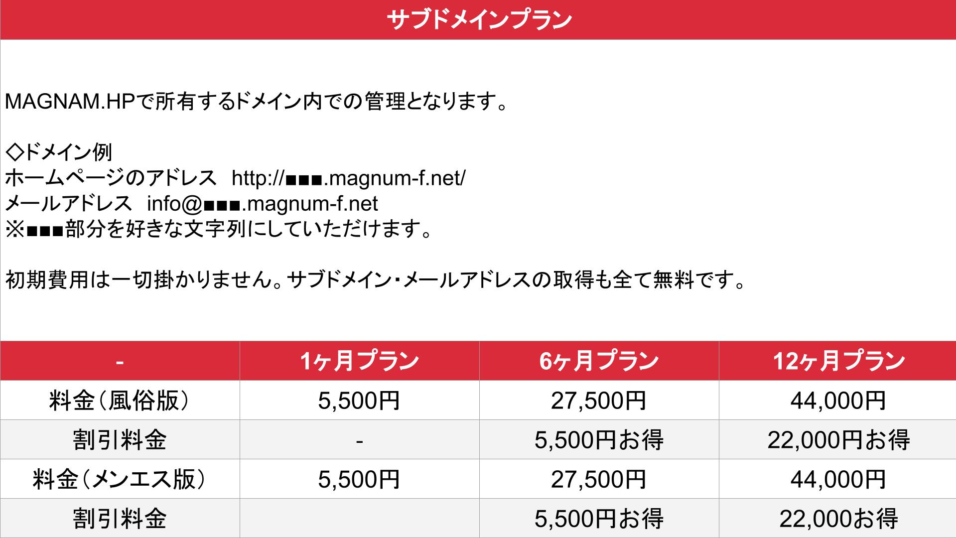 MAGNUM HP_サブドメインプラン_料金表